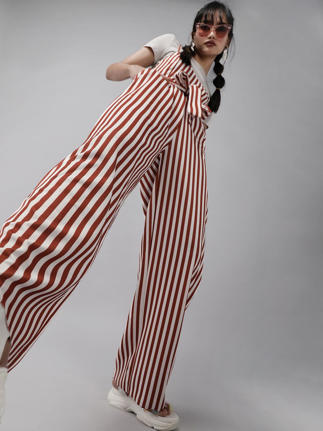 ONLY Women Red & White Striped Basic Jumpsuit Price in India