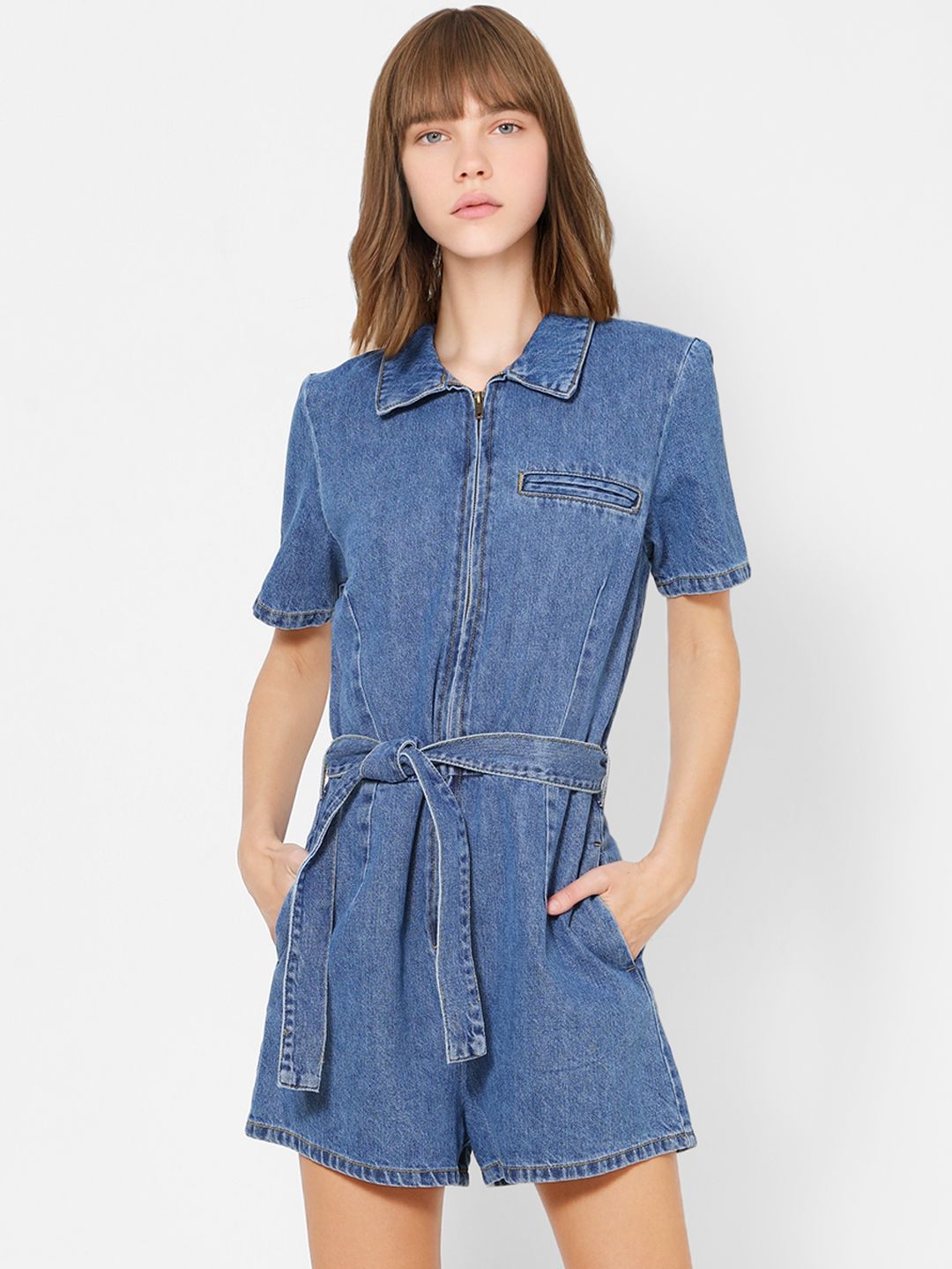ONLY Women Blue Solid Denim Playsuit with Tie-Up Detail Price in India