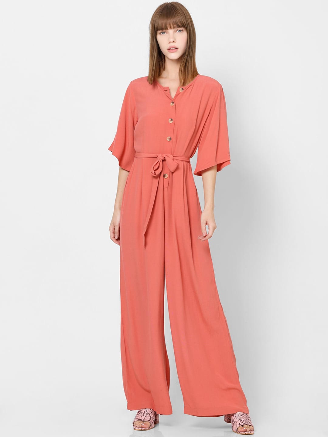ONLY Women Peach-Coloured Solid Basic Jumpsuit Price in India