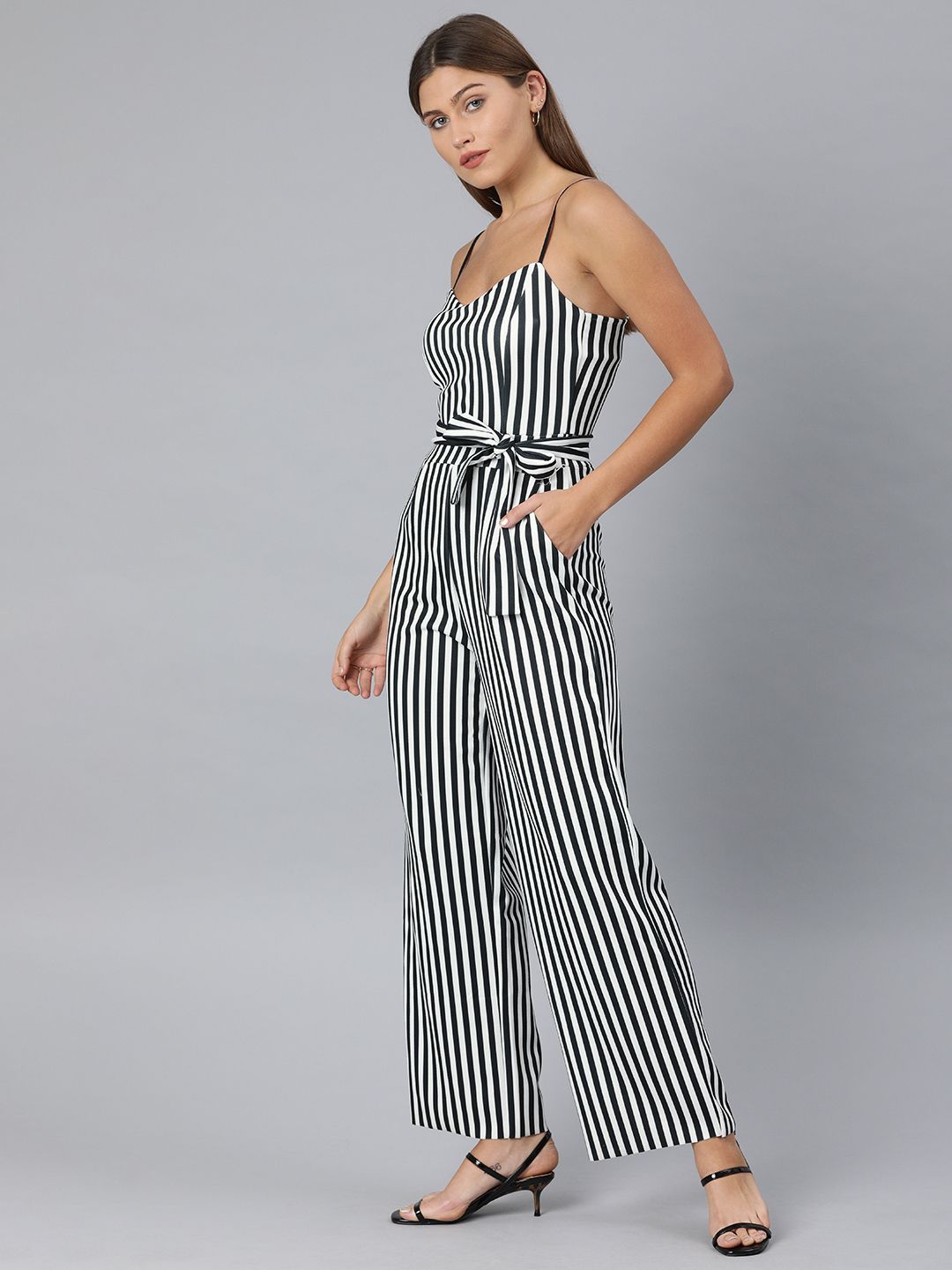 ONLY Women Black & White Striped Basic Jumpsuit Price in India