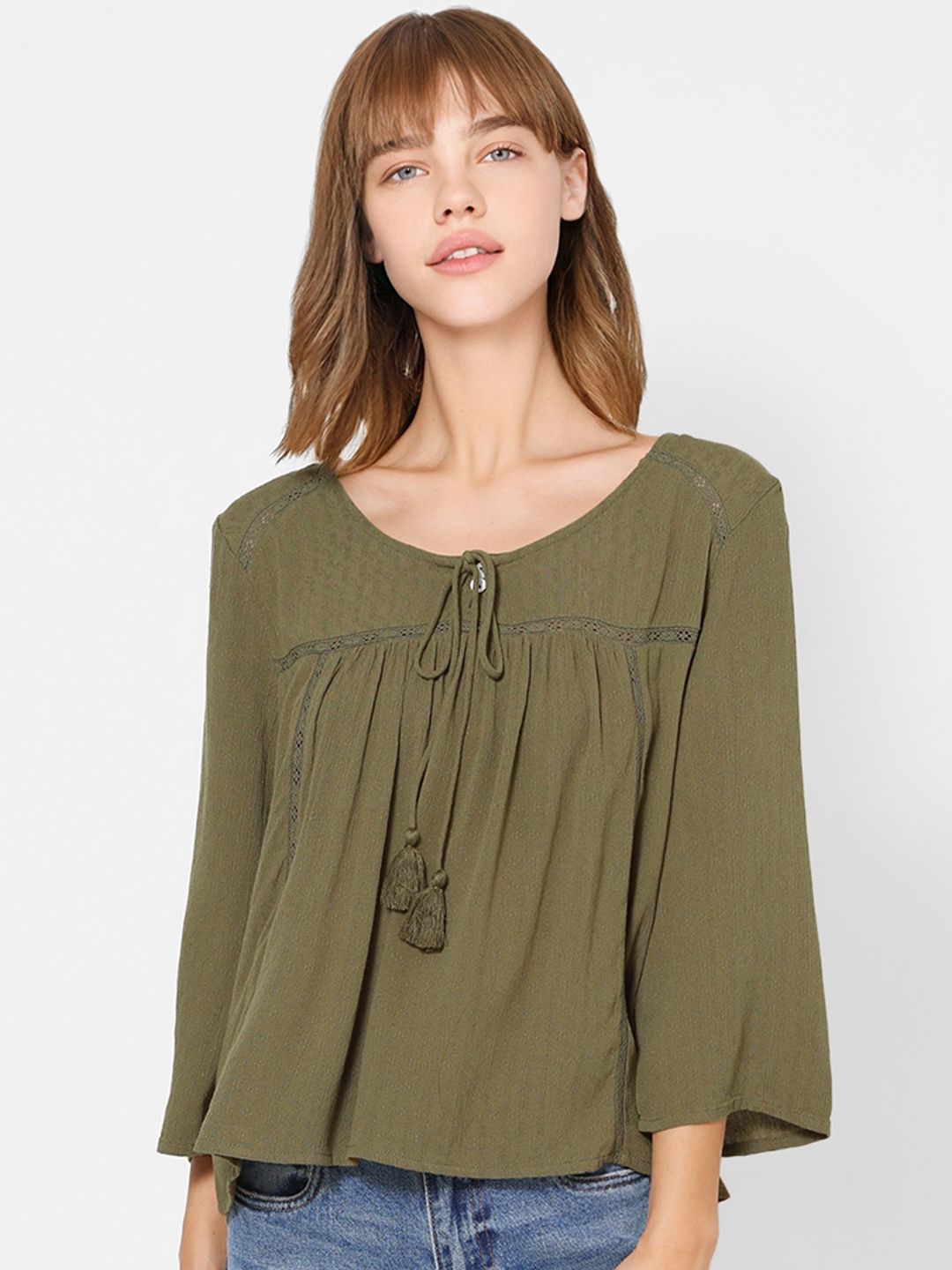 ONLY Women Green Self Design Boxy Top