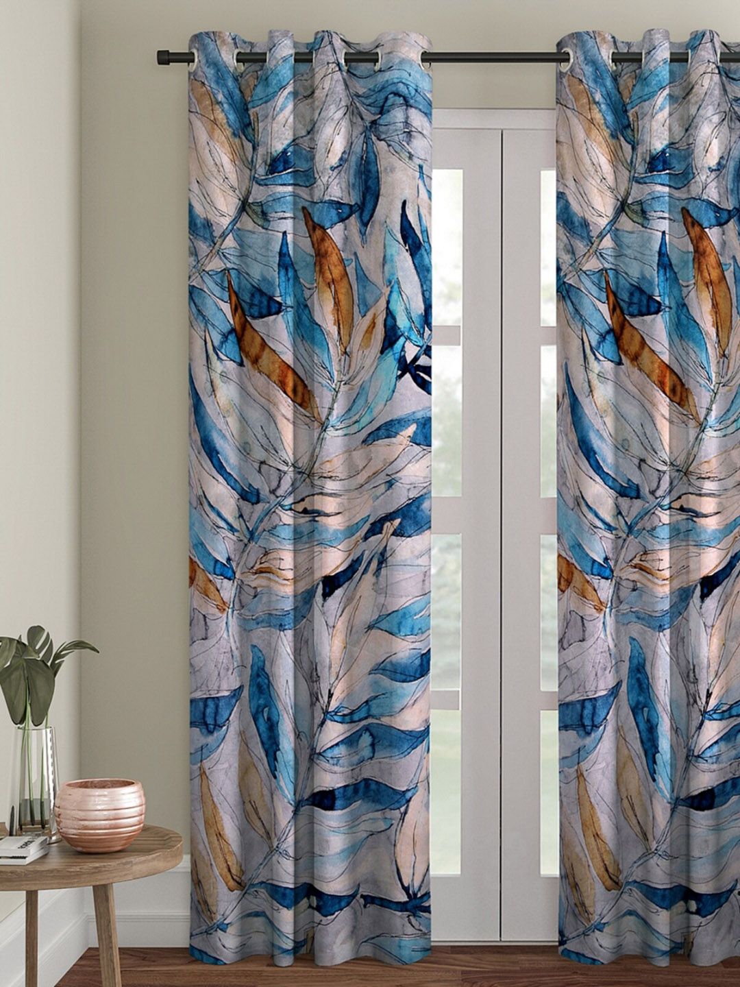 ROMEE Blue & Brown Floral Printed Velvet Room Darkening Door Curtain Price in India