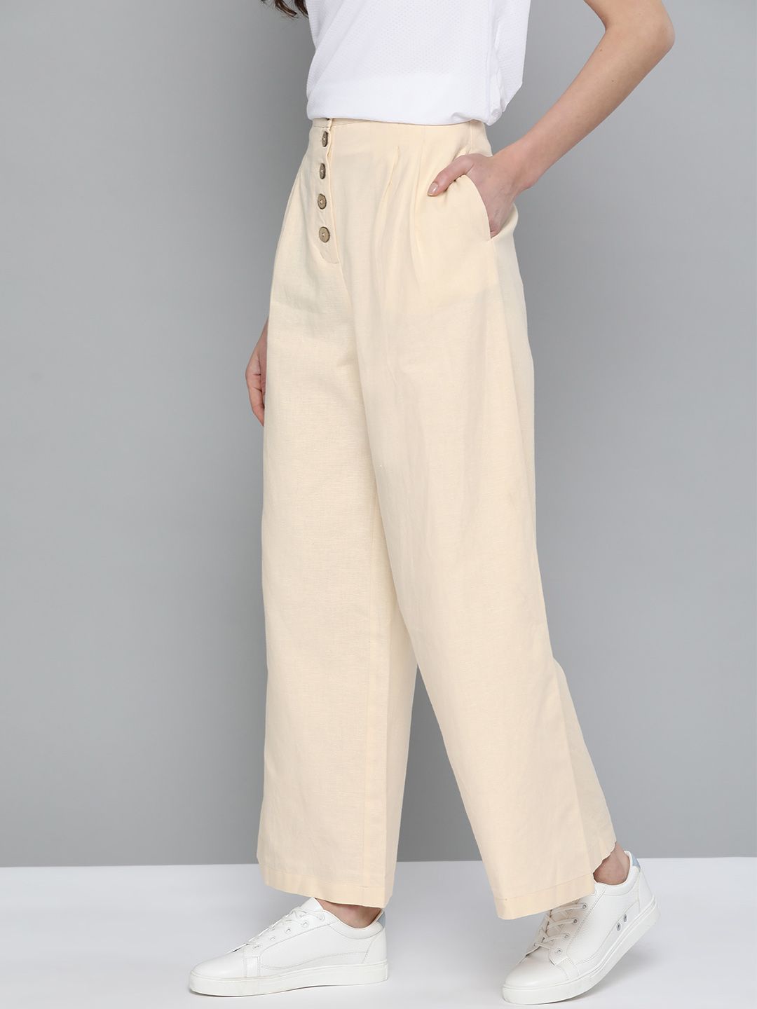 Mast & Harbour Women Beige Regular Fit Solid Parallel Trousers