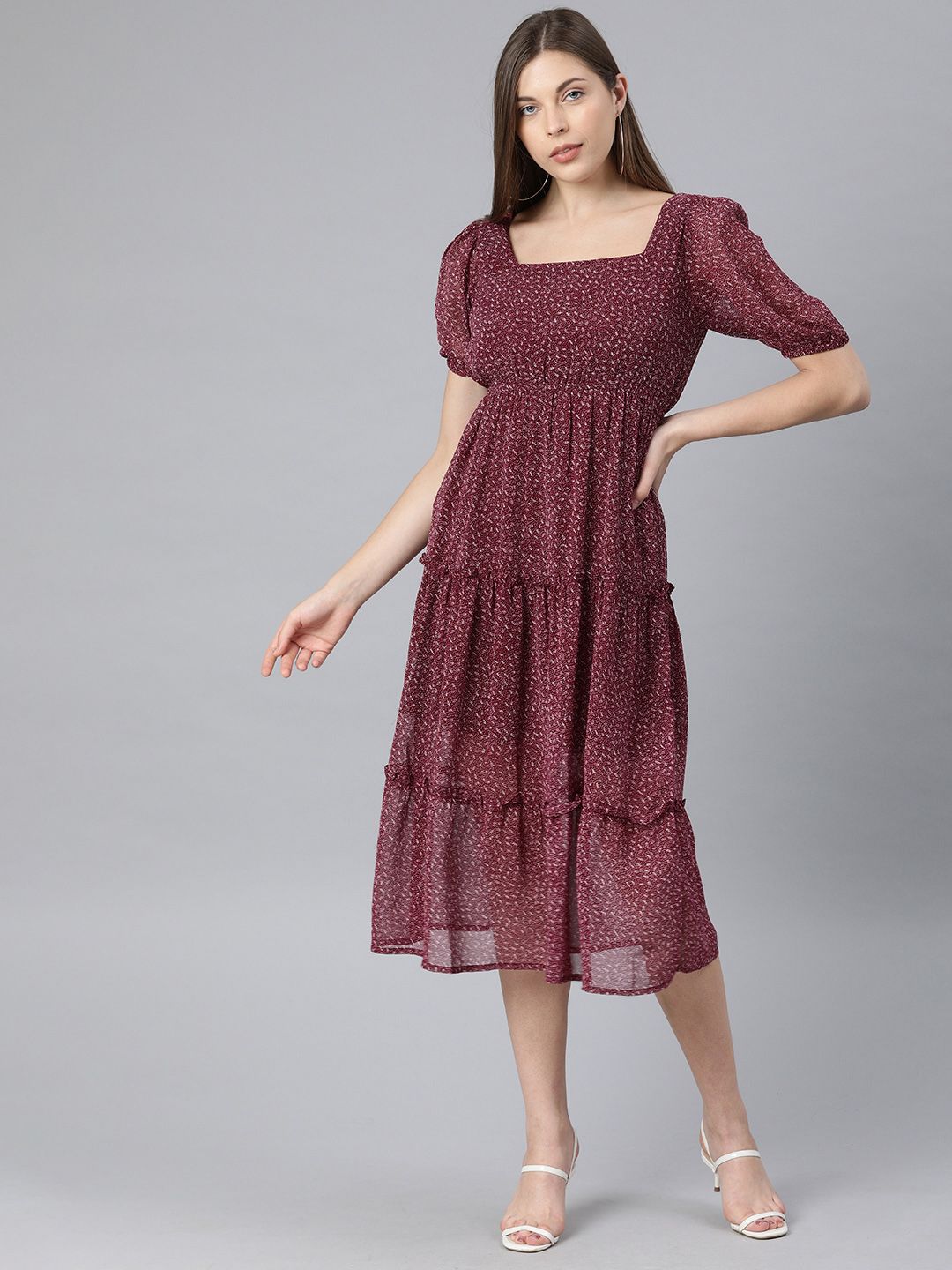 ONLY Women Maroon & White Printed Fit and Flare Tiered Dress with Ruffles