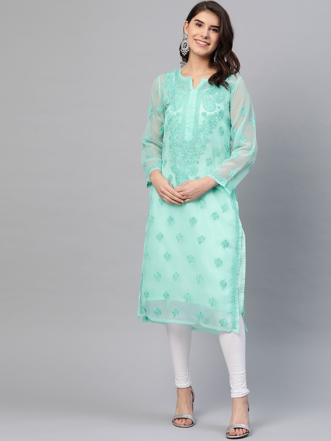 ADA Women Sea Green Chikankari Embroidered Straight Sustainable Kurta Price in India