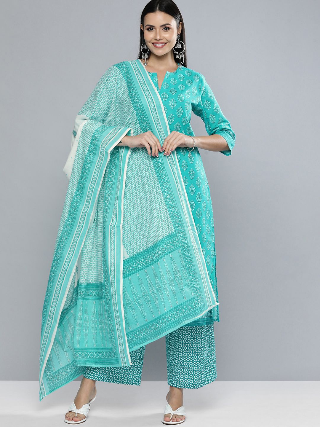 Vishudh Women Sea Green & White Printed Kurta with Palazzos & Dupatta Price in India