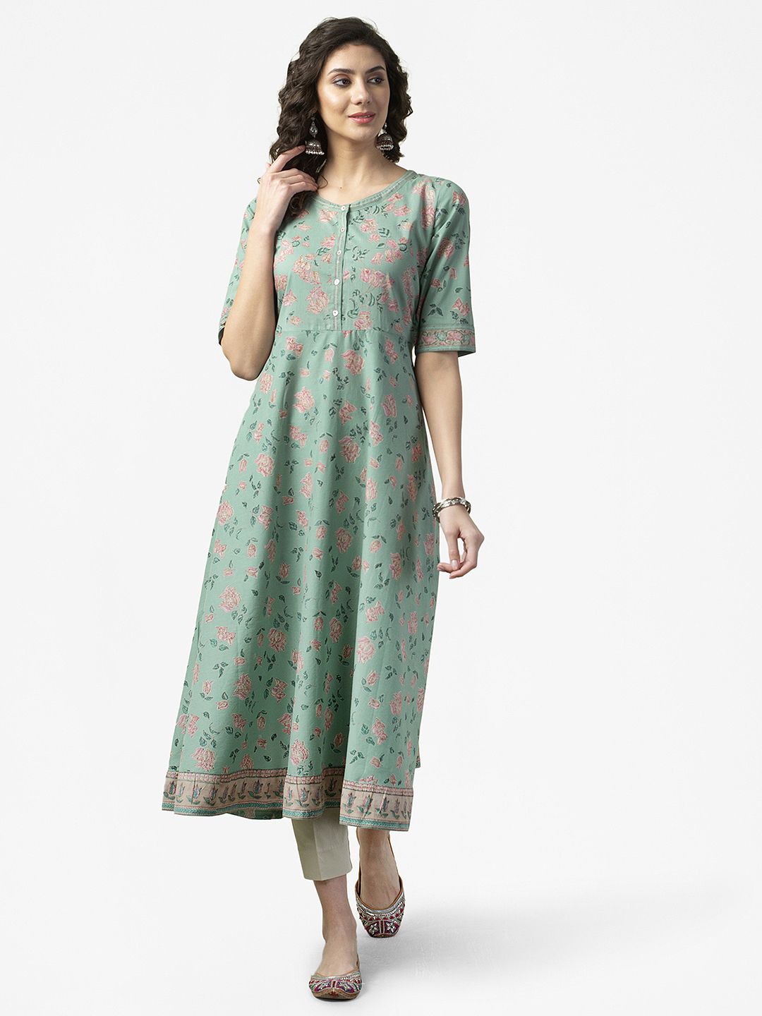 Fabindia Women Sea Green & Pink Pure Cotton Hand Block Floral Printed Anarkali Kurta