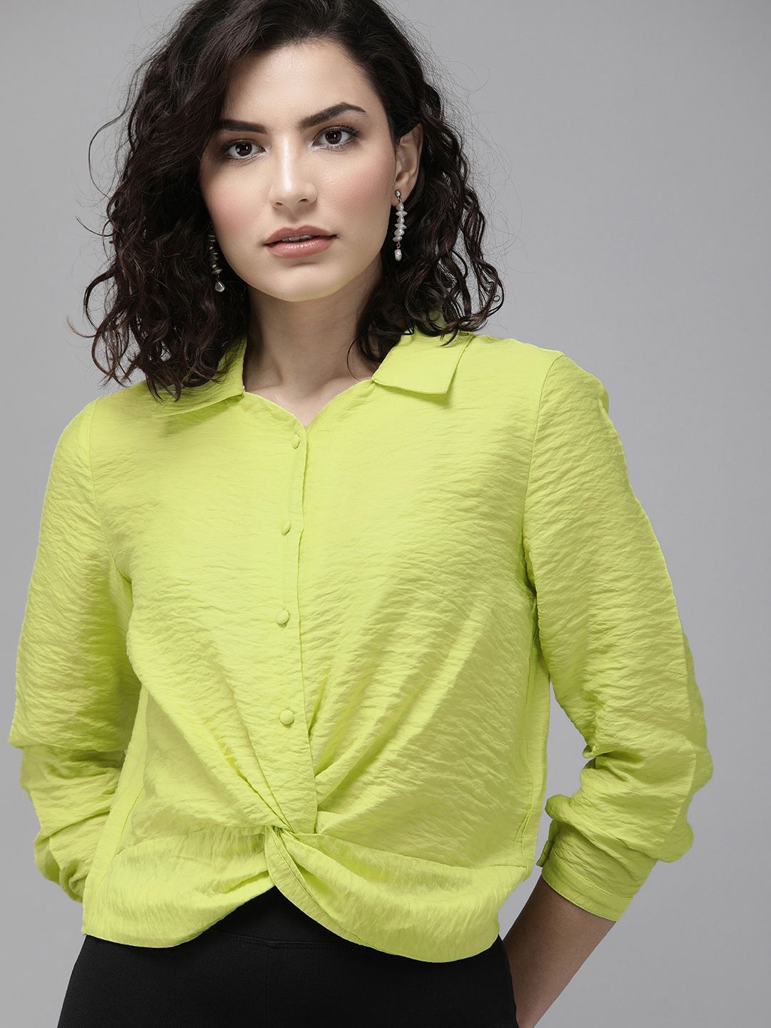 ONLY Women Fluorescent Green Regular Fit Solid Twist Detailed Casual Shirt