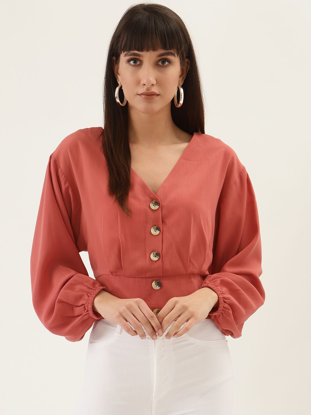 QUIERO Women Coral Solid Cinched Waist Top