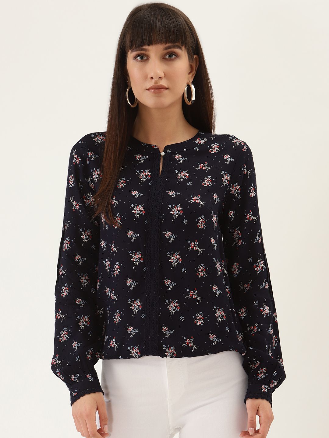 QUIERO Women Navy Blue & Pink Floral Printed Top