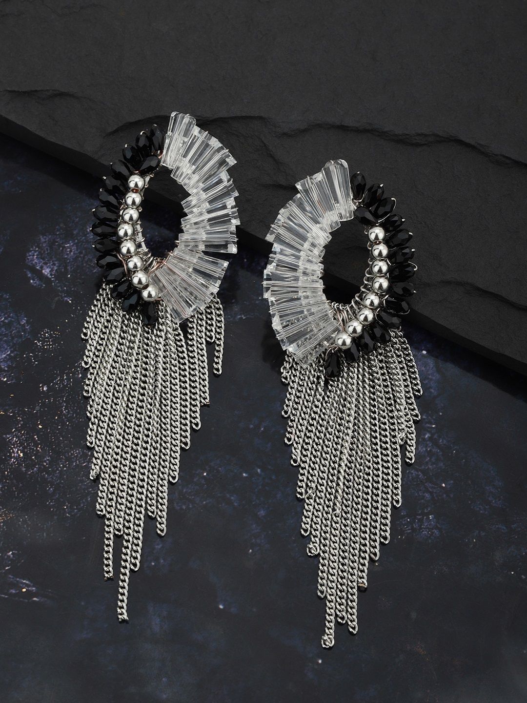 Carlton London Silver-Toned Rhodium-Plated Stone-Studded Contemporary Drop Earrings Price in India