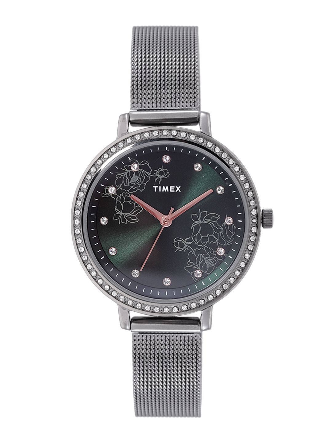 Timex Women Green Printed Dial & Gunmetal Toned Bracelet Straps Analogue Watch TWEL14704 Price in India