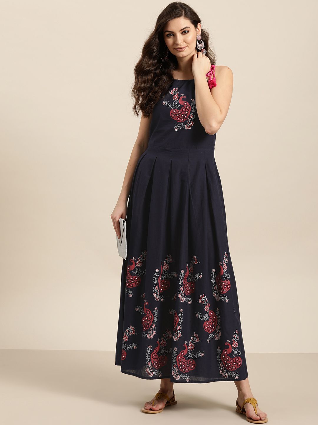 Sangria Women Navy Blue & Red Printed Cotton Maxi Dress Price in India