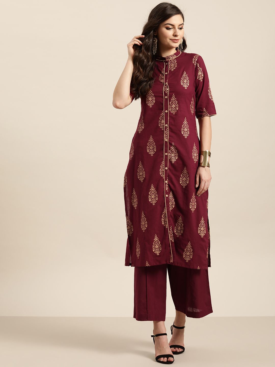 Sangria Women Maroon & Golden Pure Cotton Printed Kurta with Palazzos Price in India