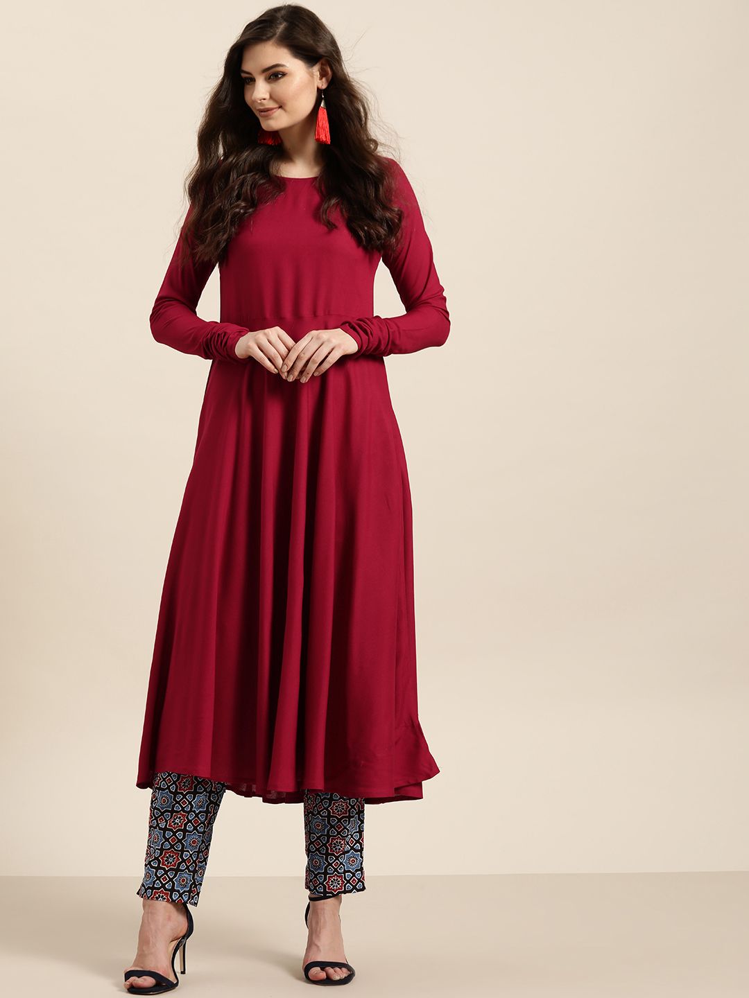 Sangria Women Maroon Solid A-Line Kurta Price in India