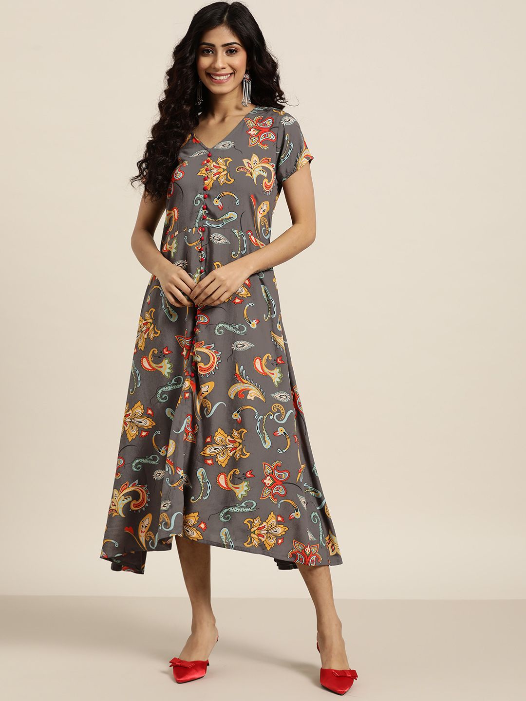 Sangria Women Charcoal Grey & Orange Printed A-Line Dress Price in India
