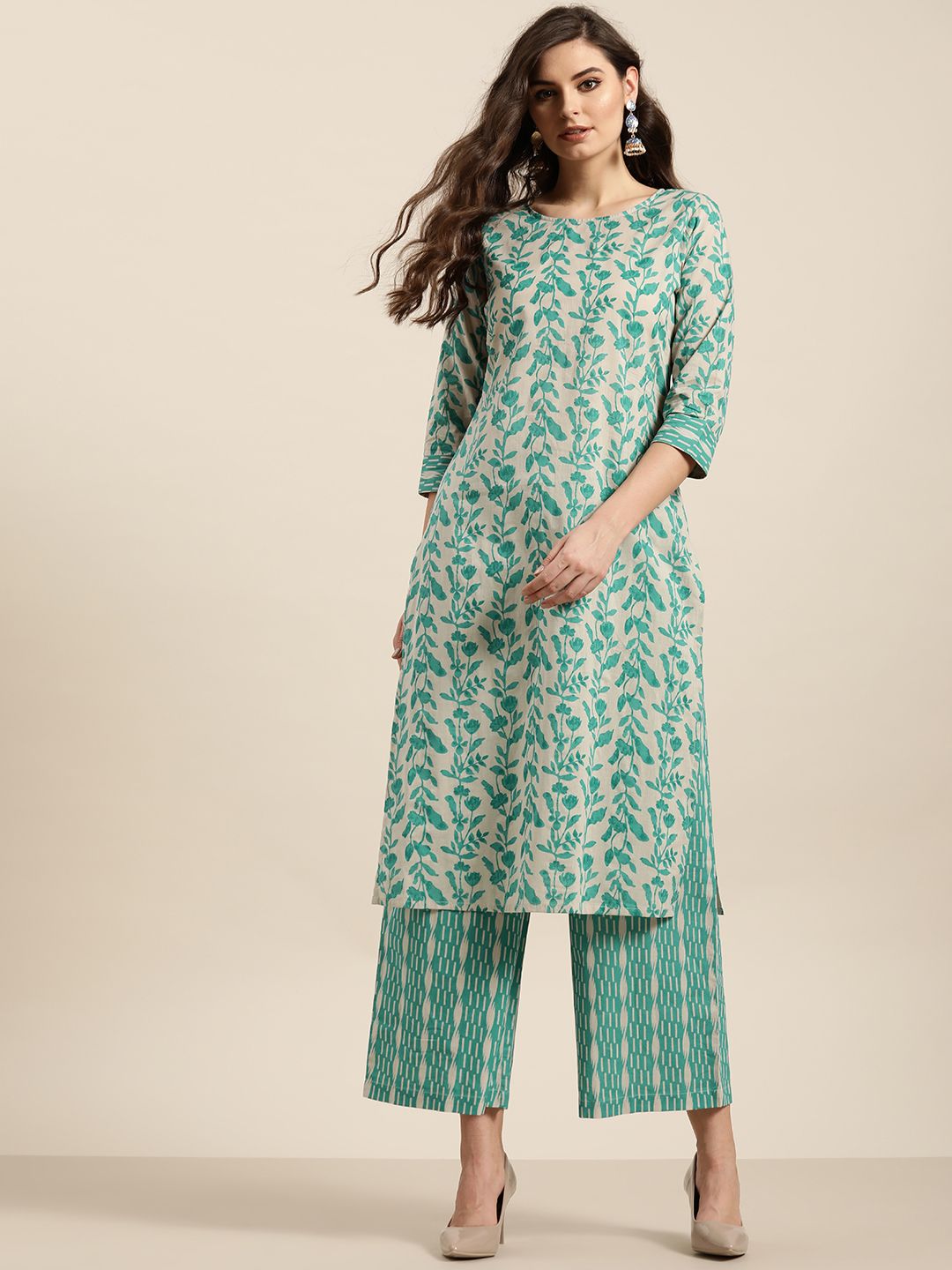 Sangria Women Off-White & Green Pure Cotton Printed Kurta with Palazzos Price in India