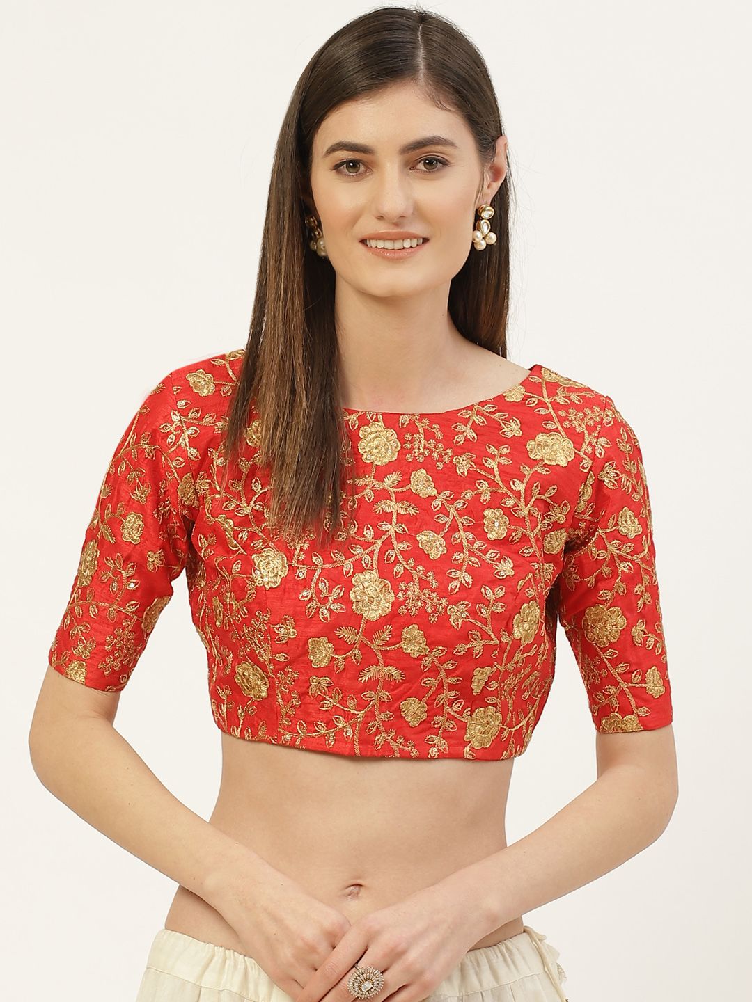 Studio Shringaar Red & Golden Zari Embroidered Saree Blouse Price in India