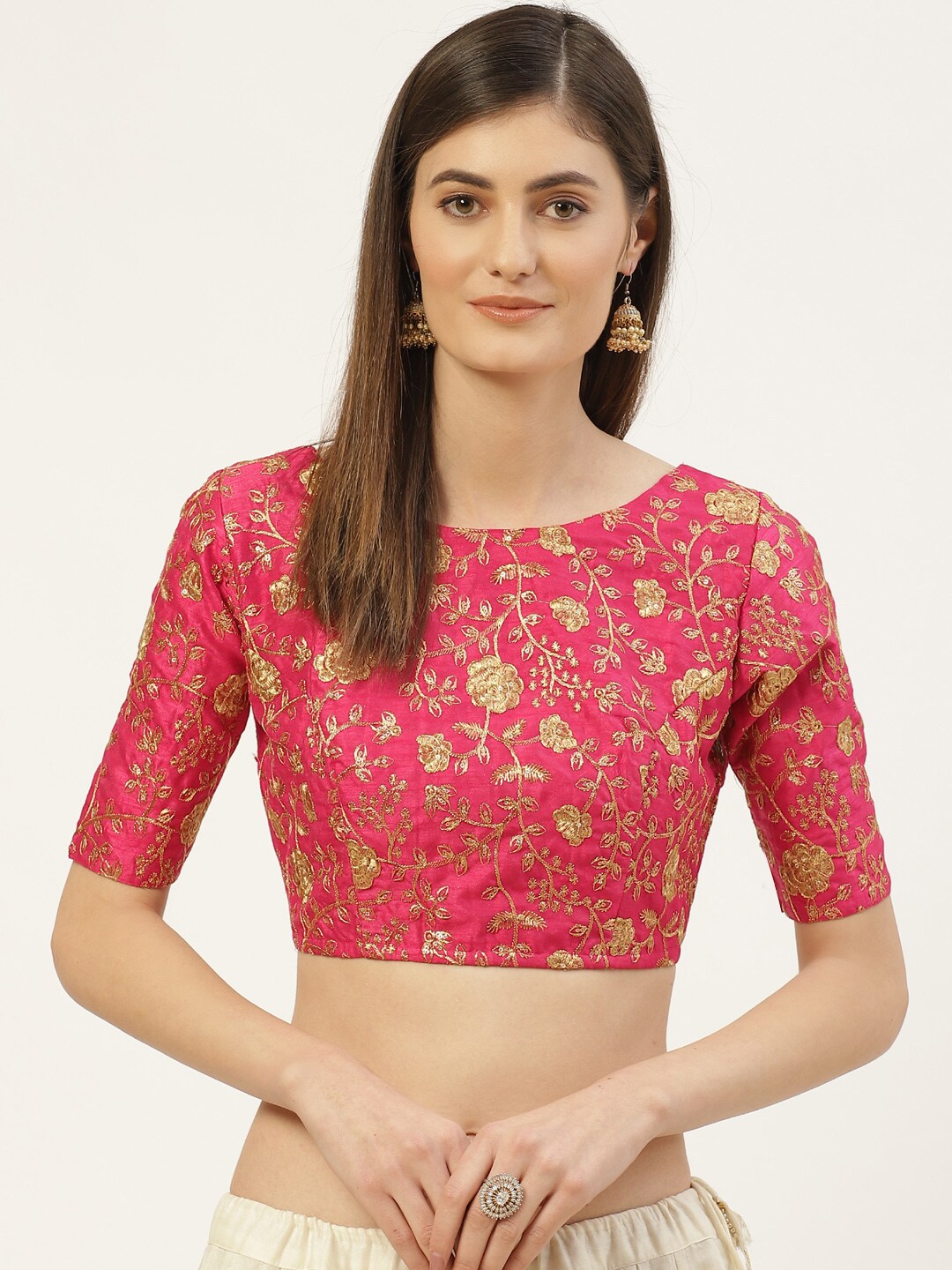 Studio Shringaar Pink & Golden Zari Embroidered Saree Blouse Price in India