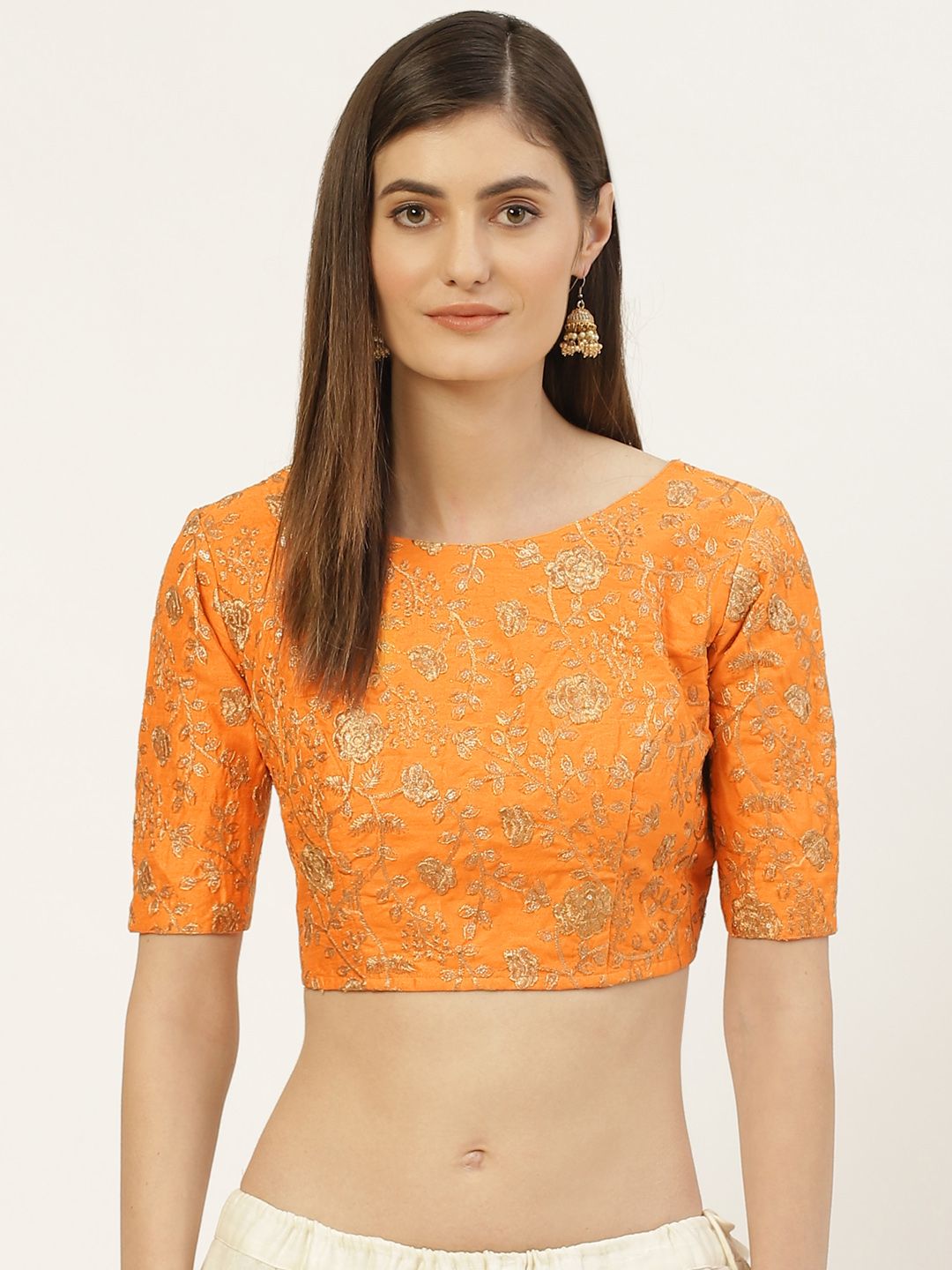 Studio Shringaar Orange & Golden Zari Embroidered Saree Blouse Price in India