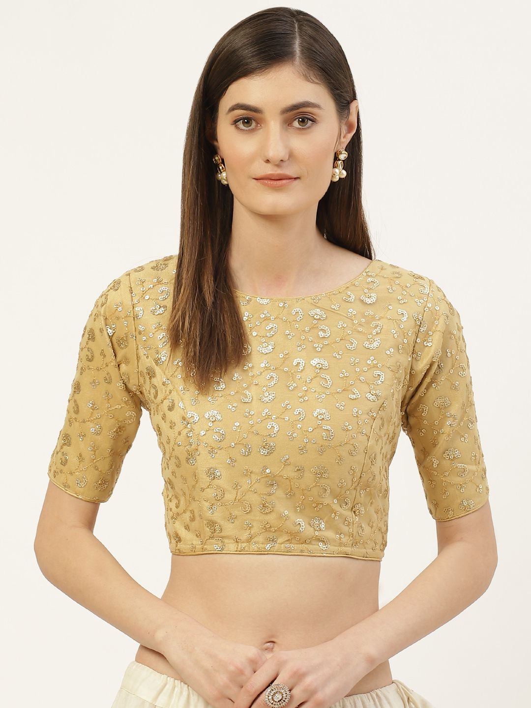 Studio Shringaar Beige & Golden Sequins Embroidered Saree Blouse Price in India