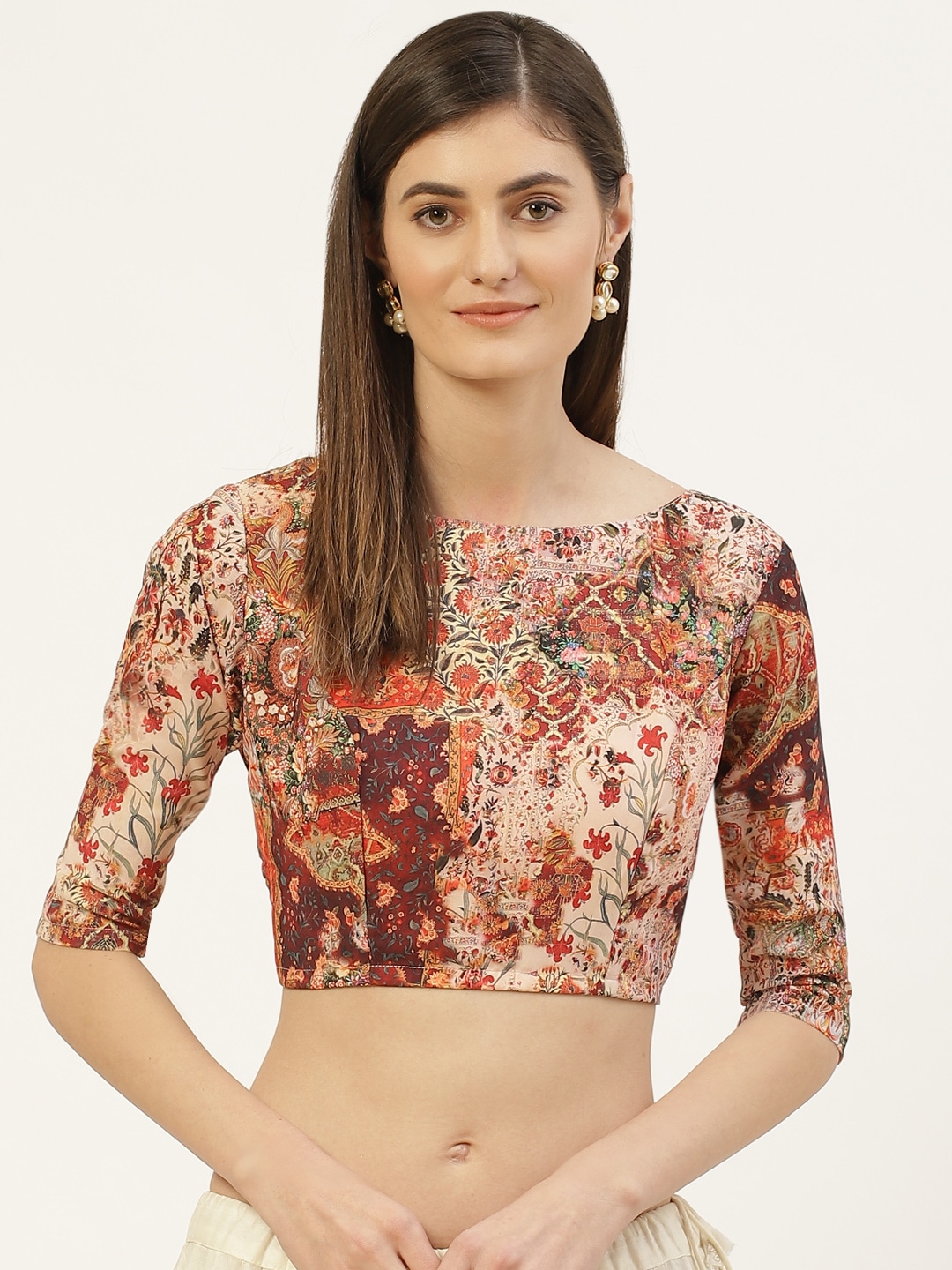 Studio Shringaar Off-White & Maroon Floral Printed Saree Blouse Price in India