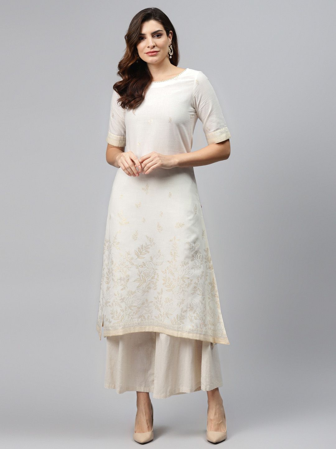 Biba Women Off-White & Golden Printed Pure Cotton Straight Kurta Price in India