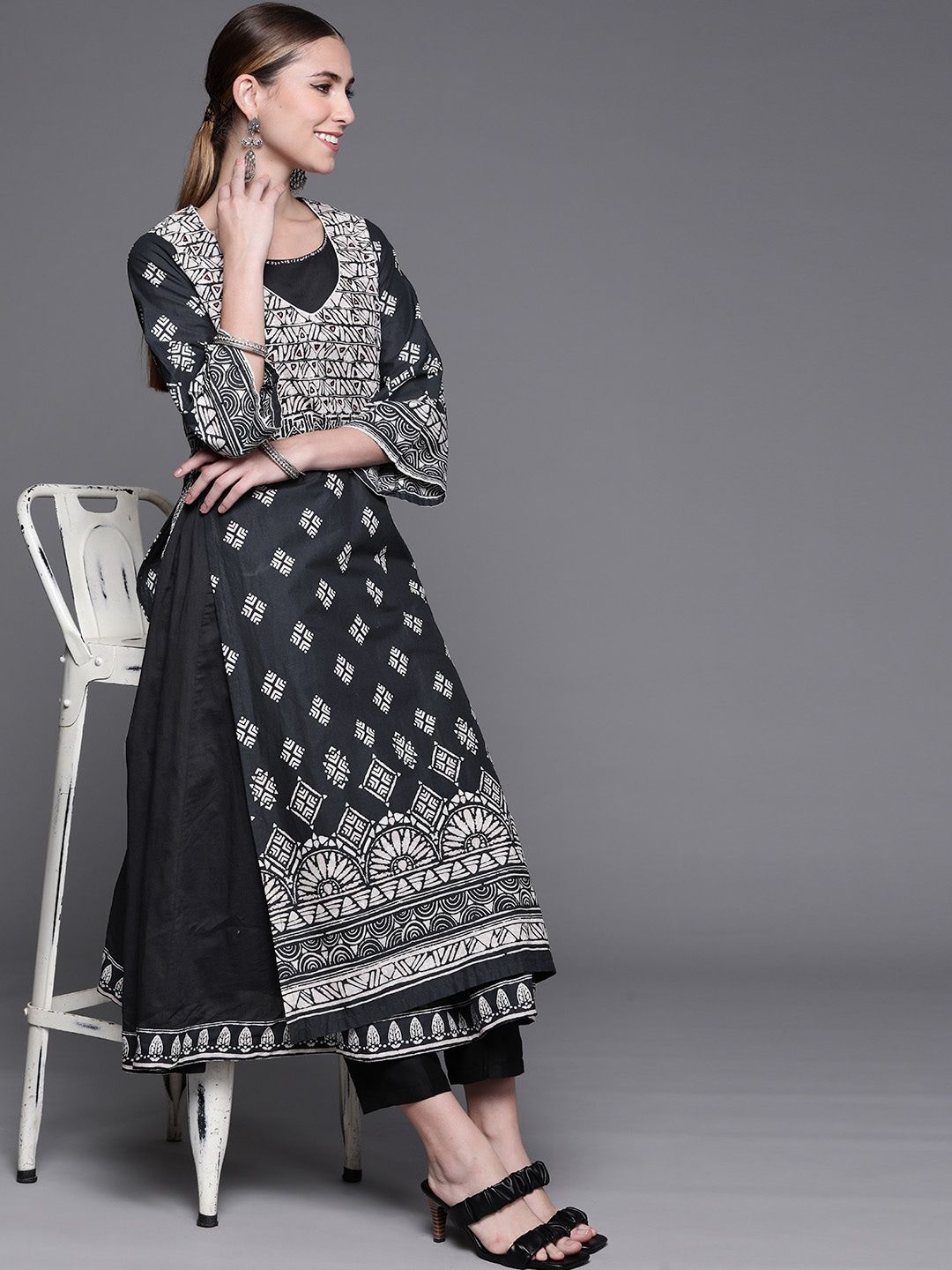 Biba Women Black & White Pure Cotton Geometric Printed Layered Kurta Price in India