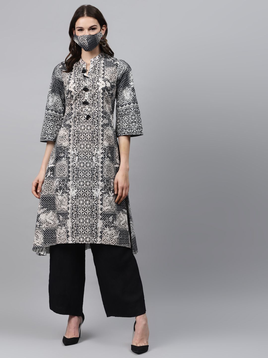 Biba Women Off-White  Black Printed Pure Cotton A-Line Kurta Price in India