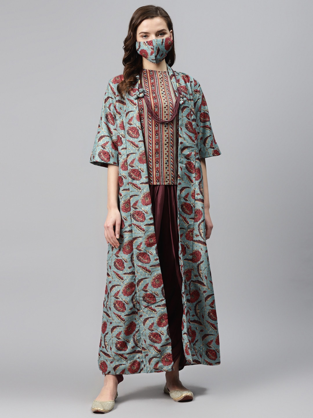 Biba Women Grey & Burgundy Striped Top with Dhoti Pants & Floral Ethnic Jacket Price in India