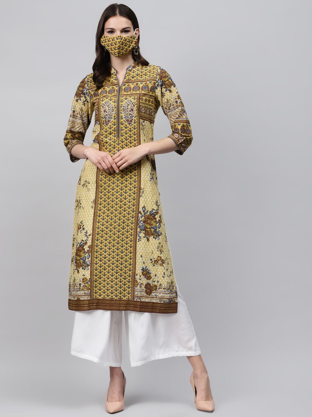 Biba Women Mustard Yellow  Brown Printed Pure Cotton Straight Kurta