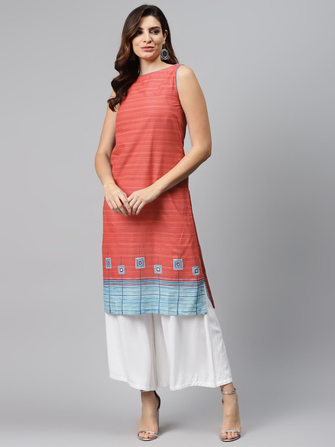 Biba Women Red & Blue Pure Cotton Striped Straight Kurta Price in India