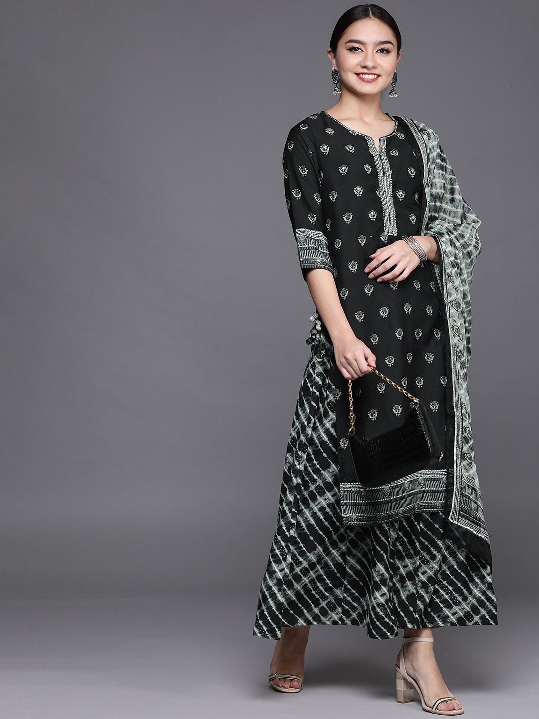 Biba Women Black & Grey Ethnic Printed Regular Kurta with Palazzos & Dupatta