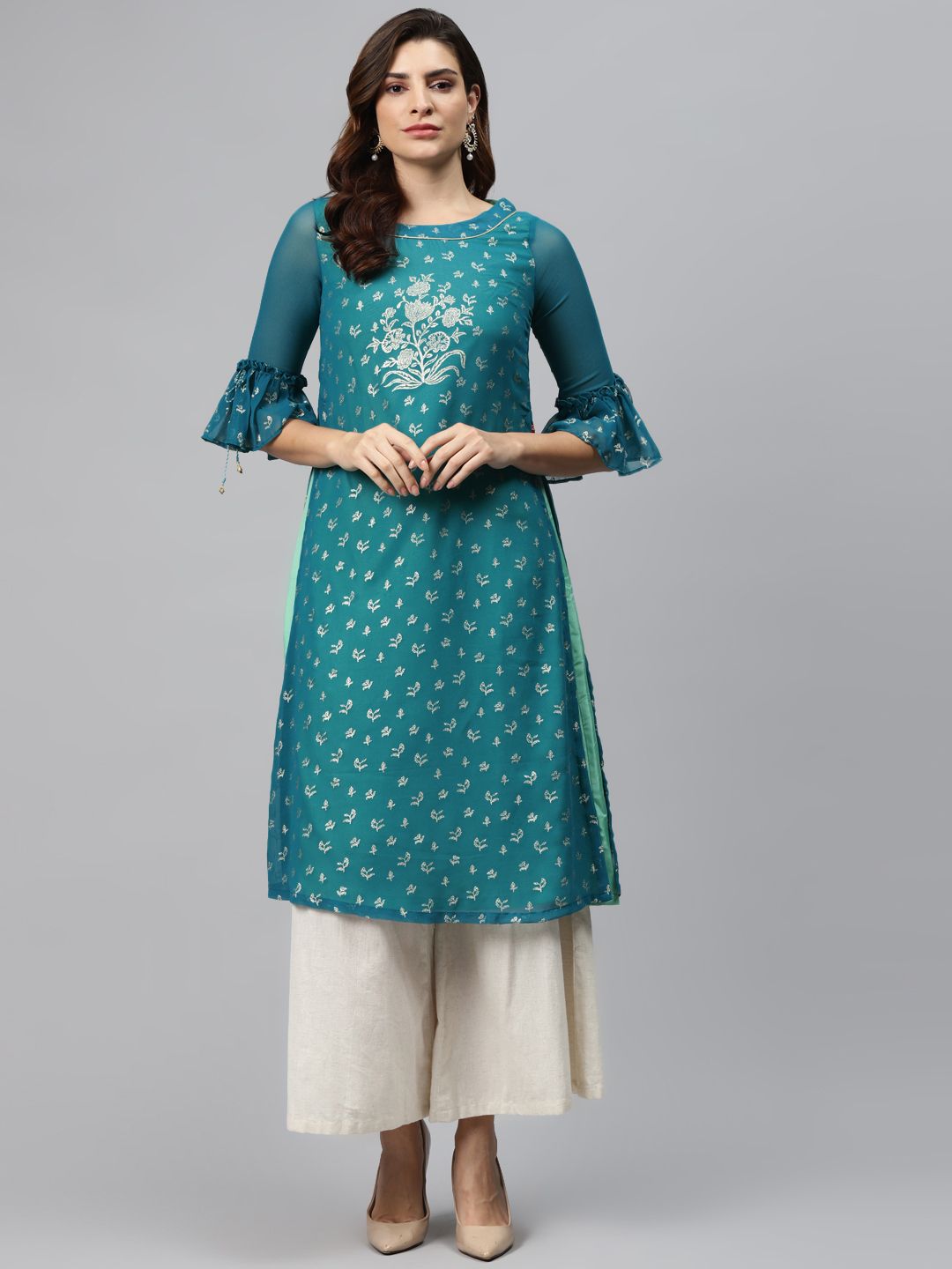 Biba Women Teal Blue & Golden Printed Straight Layered Kurta Price in India