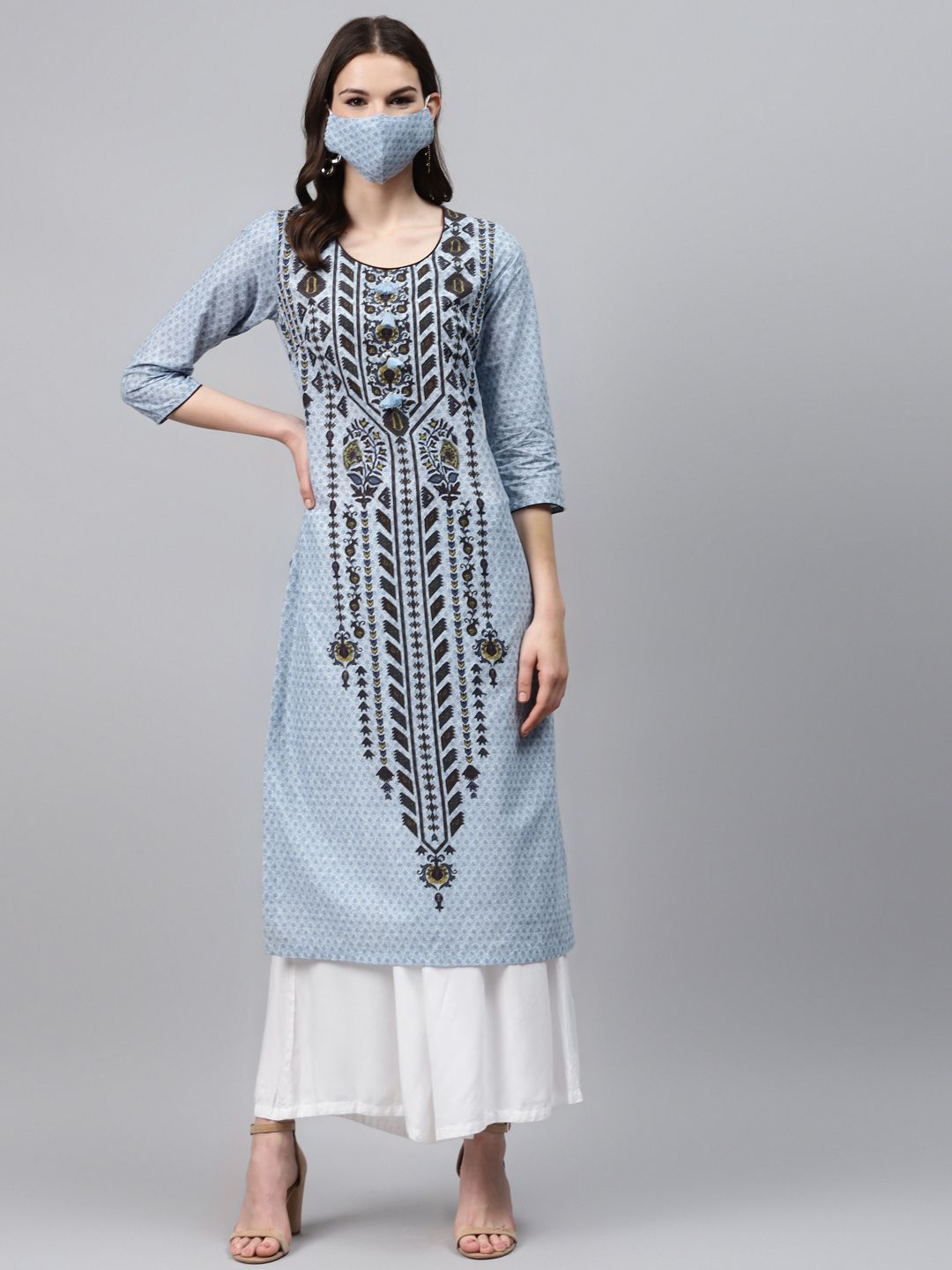 Biba Women Blue  Black Pure Cotton Printed Straight Kurta