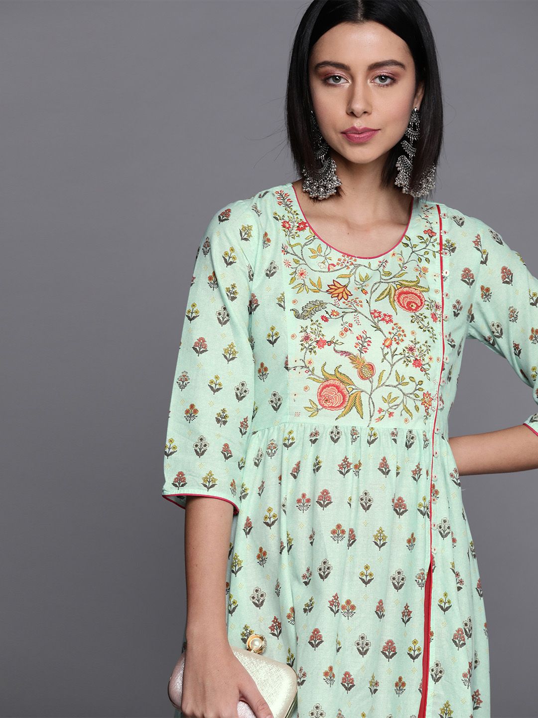 Biba Women Green & Pink Ethnic Motifs Printed Cotton Indie Prints Kurta Price in India