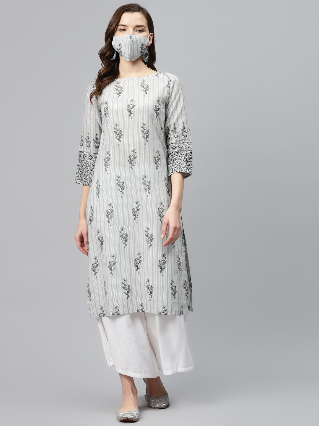 Biba Women Grey  White Printed Pure Cotton Straight Kurta