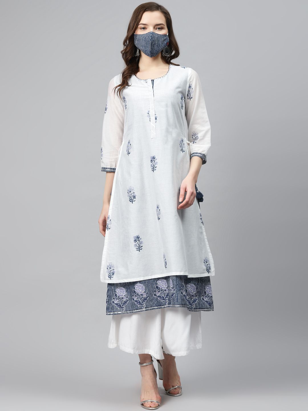 Biba Women Off-White  Navy Blue Printed Pure Cotton Layered A-Line Kurta
