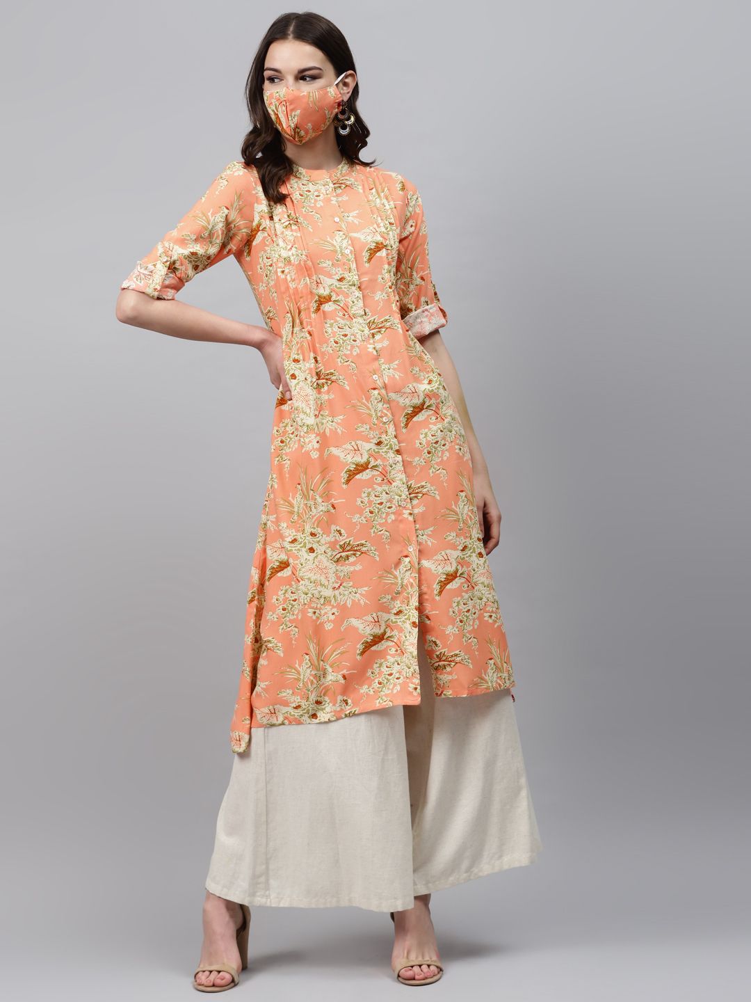 Biba Women Peach-Coloured  Beige Floral Printed High-Low A-Line Kurta Price in India