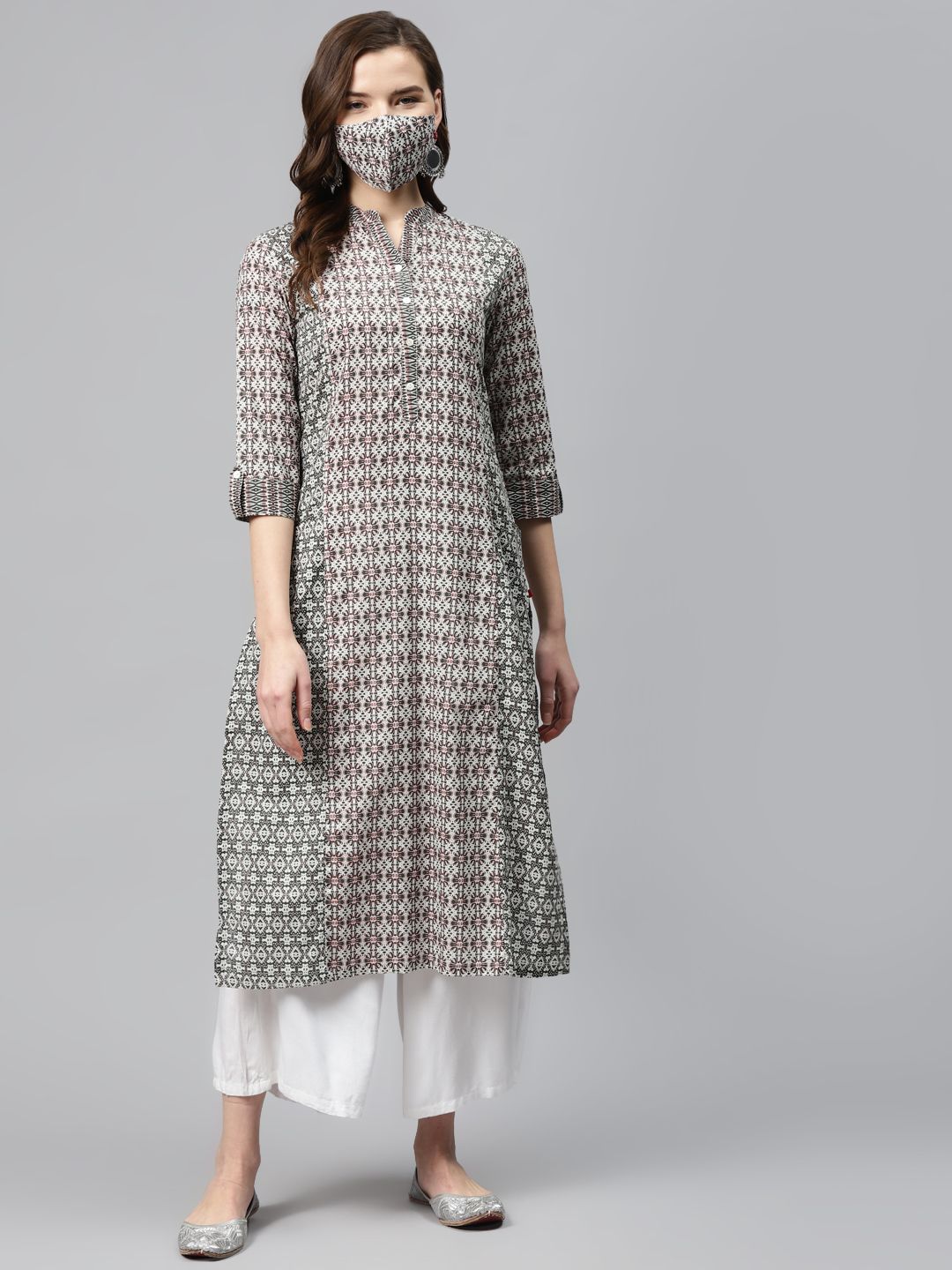 Biba Women Charcoal Grey  White Printed Pure Cotton Straight Kurta