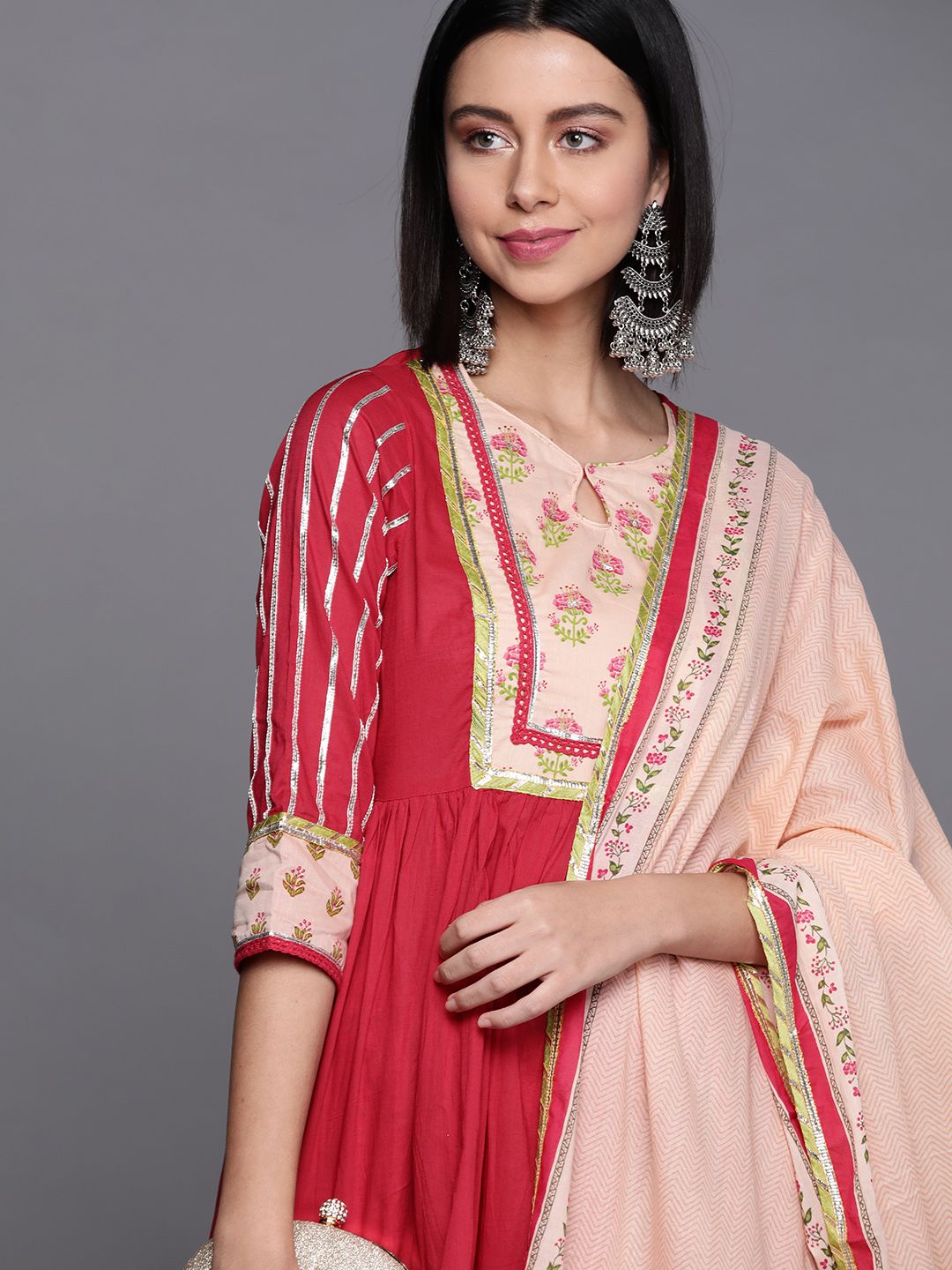 Biba Women Pink & Peach-Coloured Ethnic Yoke Design Pure Cotton Kurta Set & Dupatta Price in India