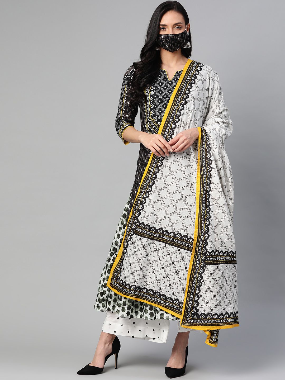 Biba Women Black & White Bandhani Printed Pure Cotton Kurta Set with Dupatta & Mask