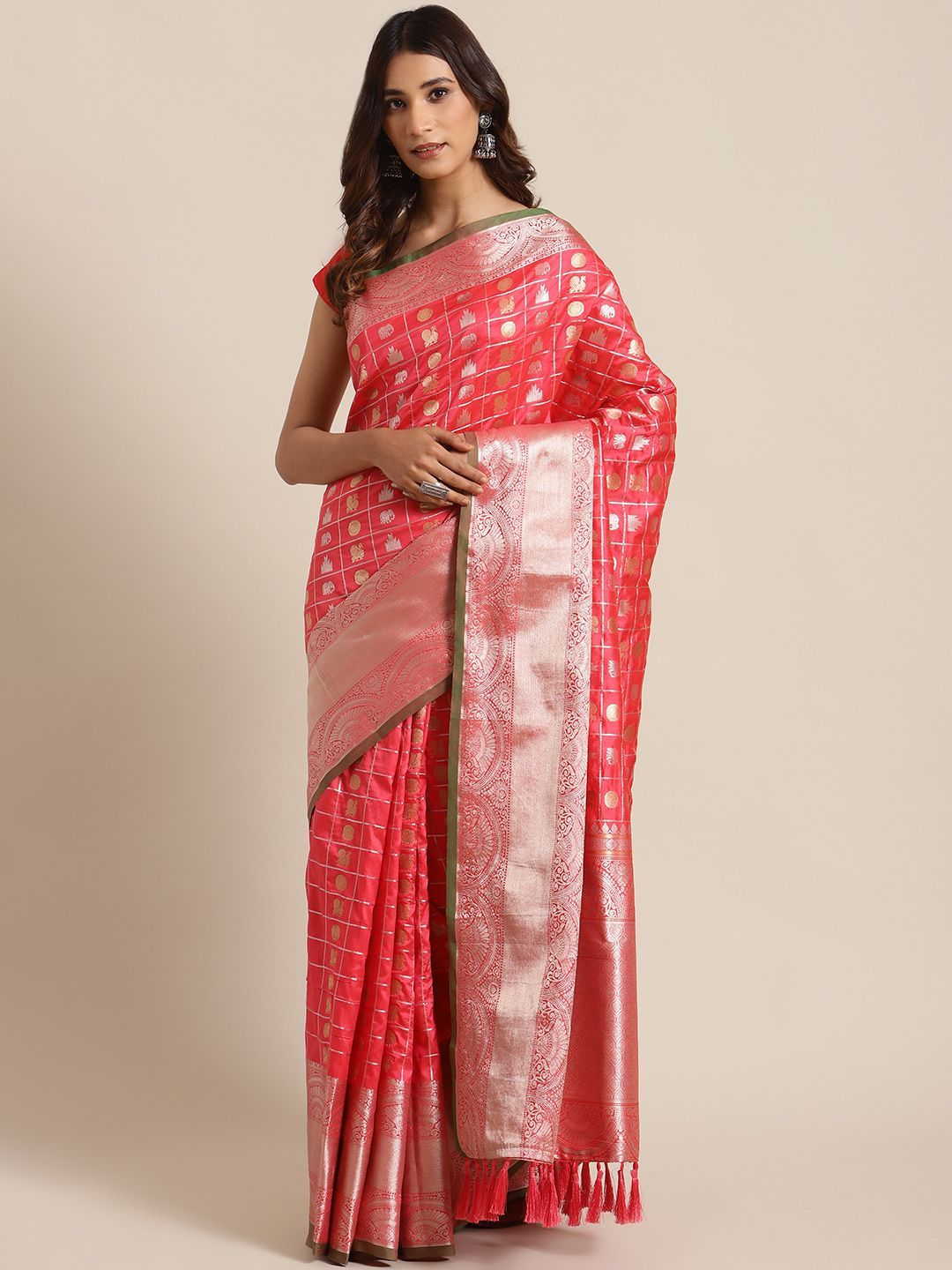 VASTRANAND Peach-Coloured & Golden Woven Design Banarasi Saree