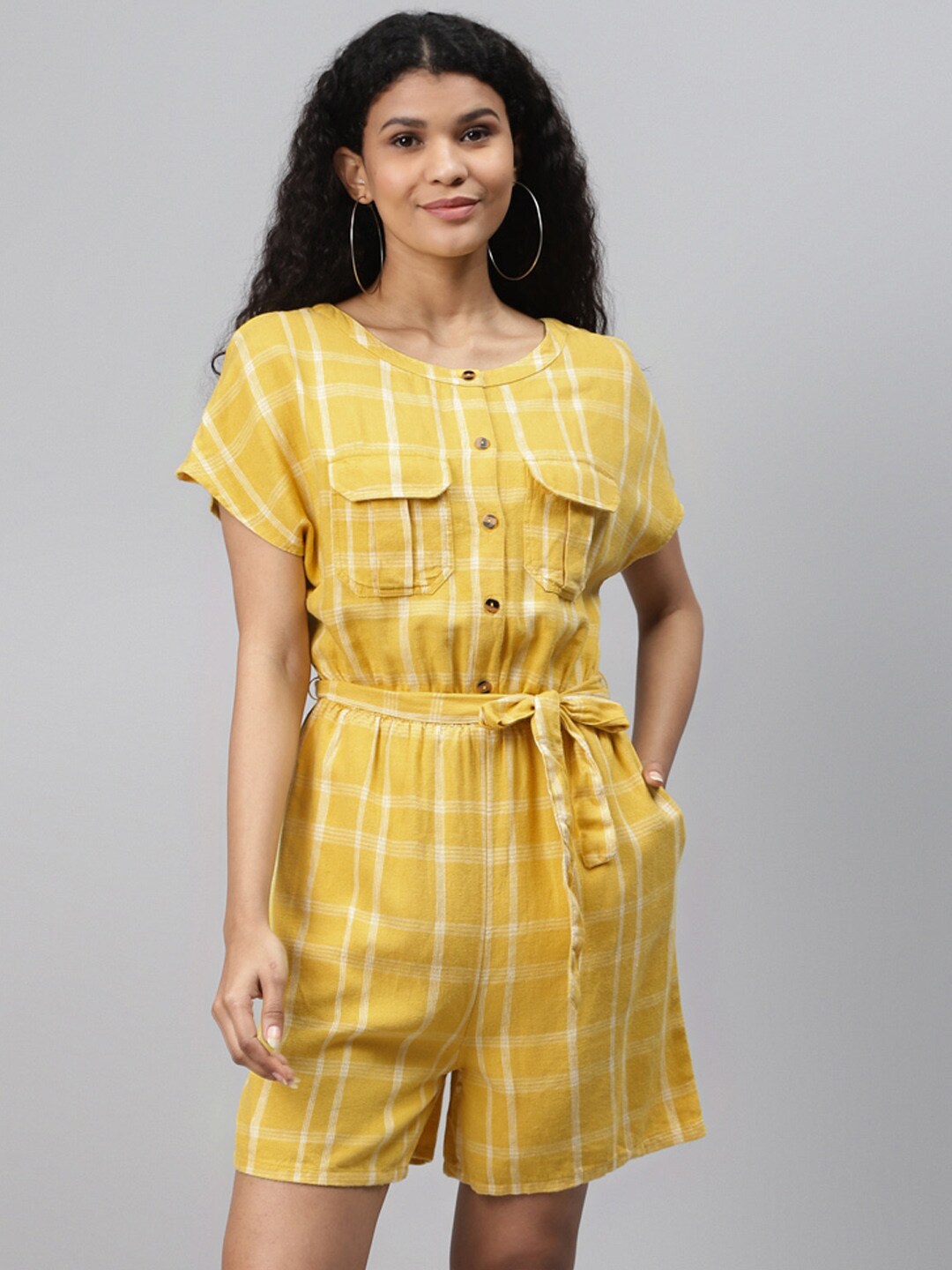Marks & Spencer Women Mustard Yellow & White Checked Playsuit with Belt Price in India