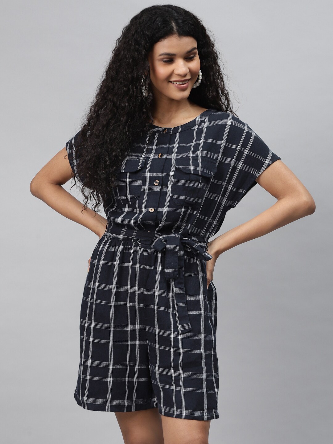 Marks & Spencer Women Navy Blue & White Checked Playsuit with Belt Price in India
