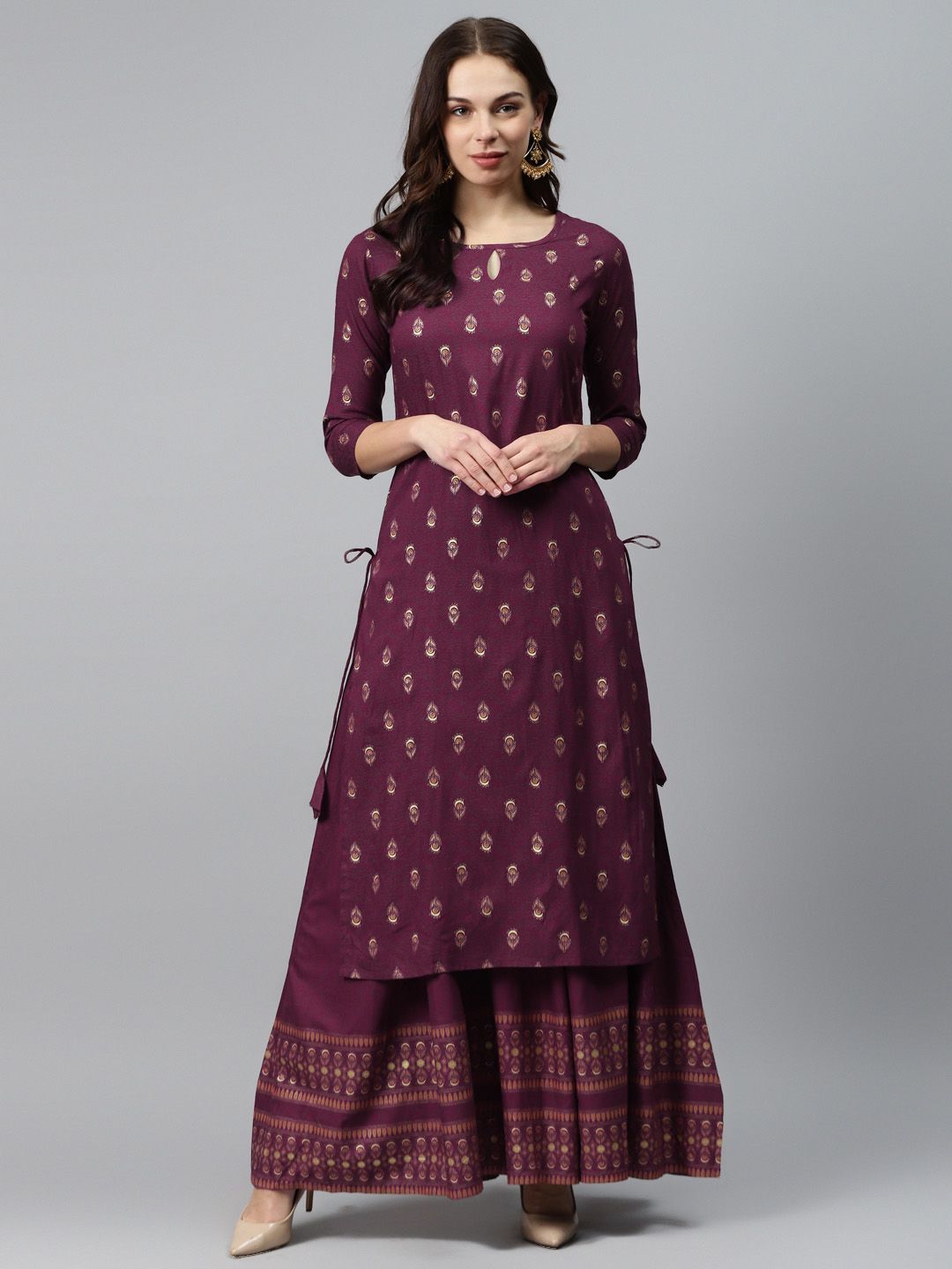 mokshi Women Burgundy & Golden Printed Kurta with Skirt Price in India