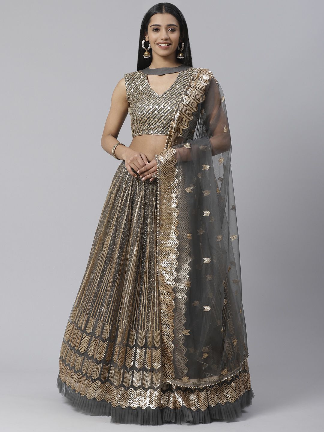 SHOPGARB Charcoal Grey & Golden Semi-Stitched Lehenga & Unstitched Blouse with Dupatta