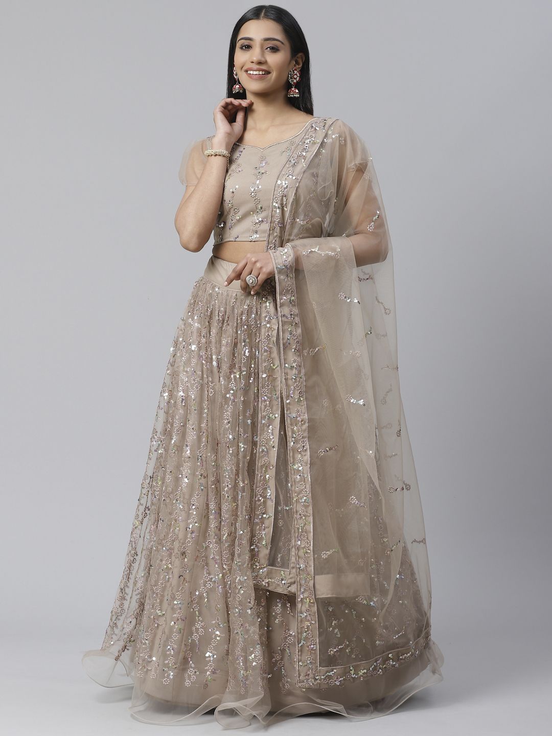 SHOPGARB Taupe Sequinned Semi-Stitched Lehenga & Unstiched Blouse with Dupatta Price in India