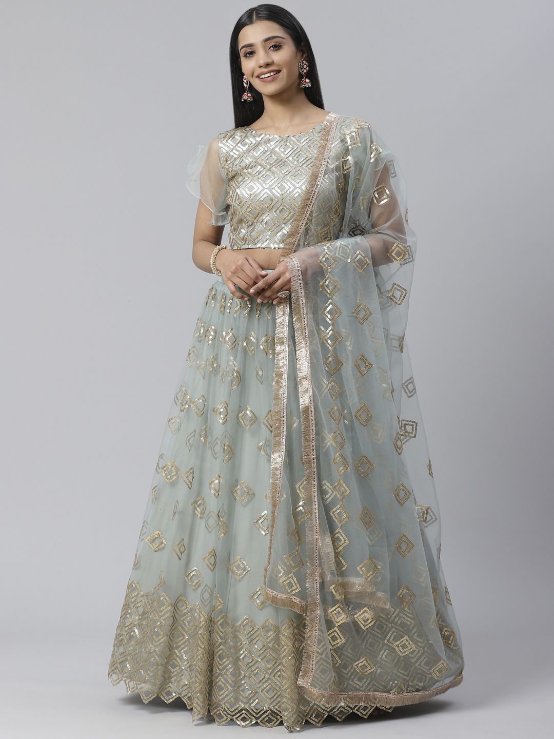 SHOPGARB Blue & Golden Sequinned Semi-Stitched Lehenga & Unstitched Blouse with Dupatta Price in India