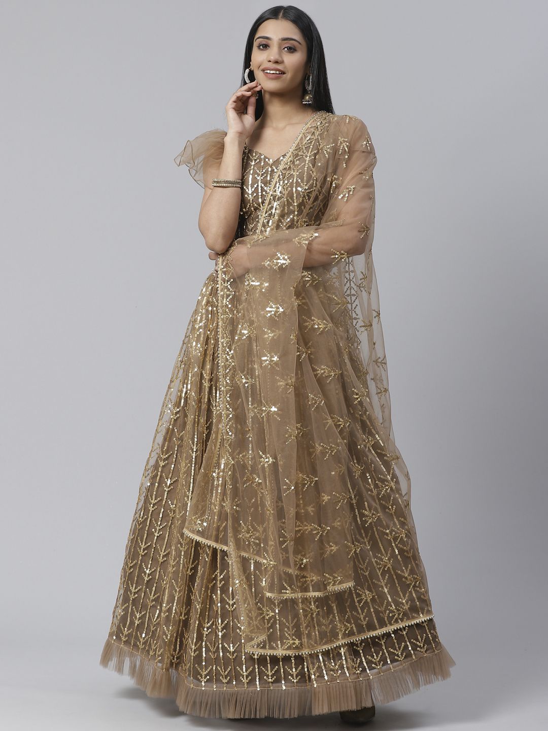 SHOPGARB Brown & Golden Sequinned Semi-Stitched Lehenga & Unstitched Blouse with Dupatta Price in India